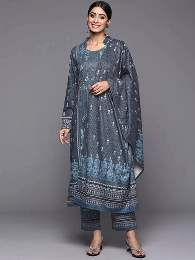 Blue Printed Wool Straight Suit Set - Libas