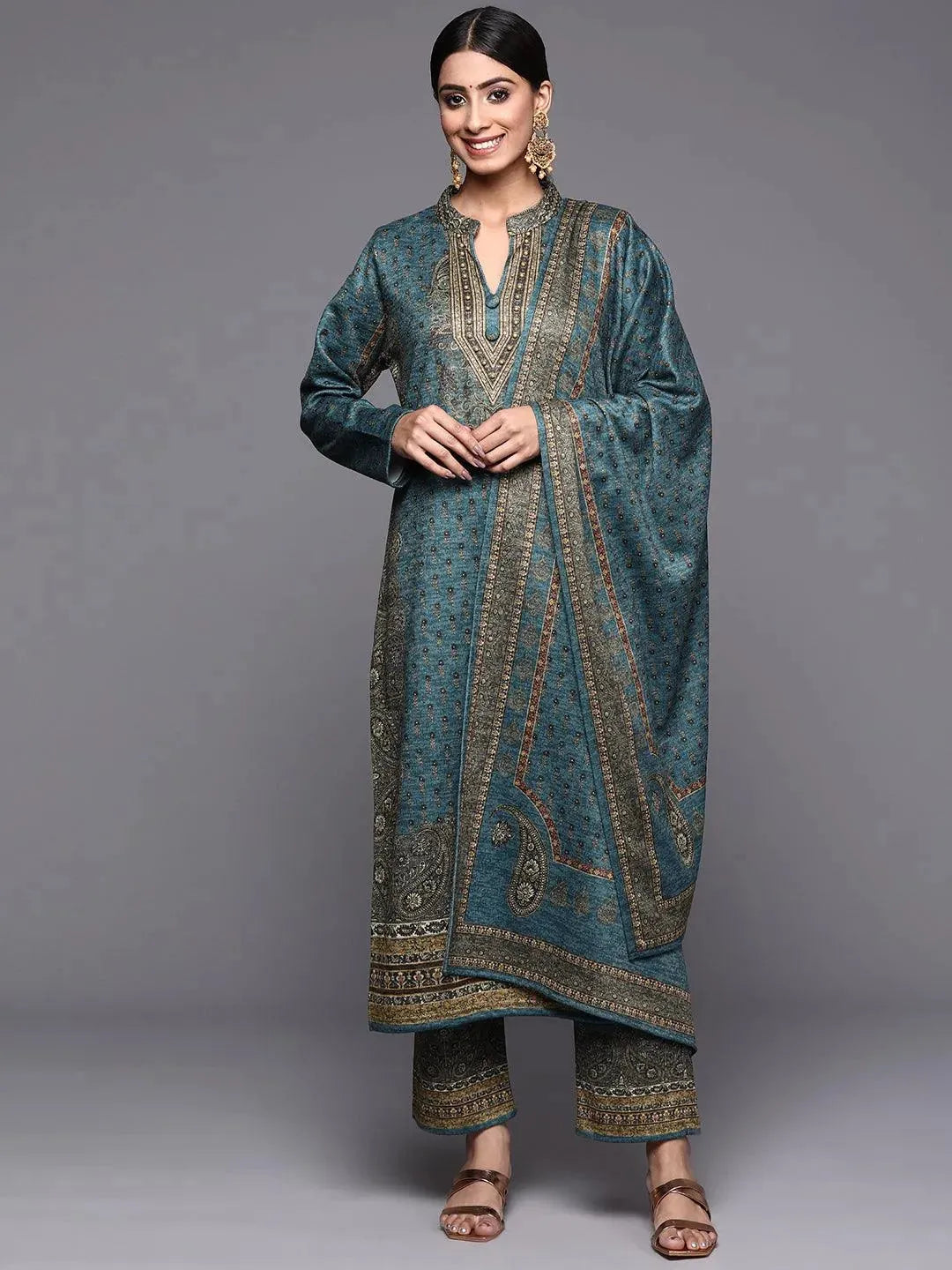Blue Printed Wool Straight Suit Set - Libas