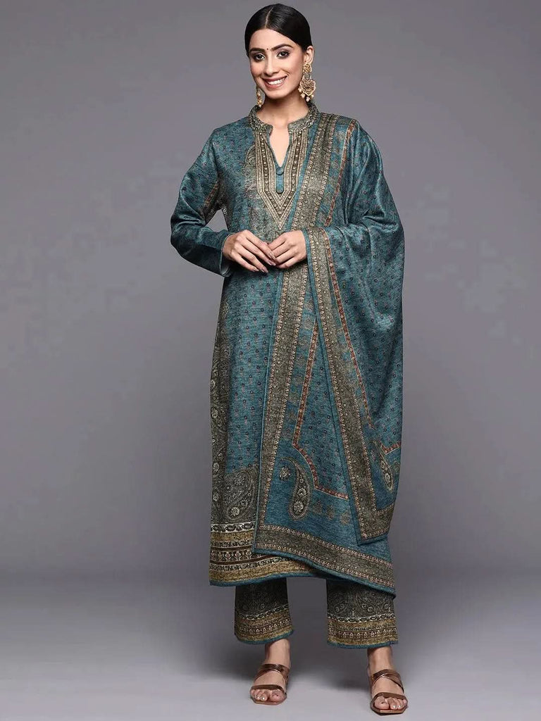 Libas Blue Printed Wool Straight Kurta With Trousers & Dupatta