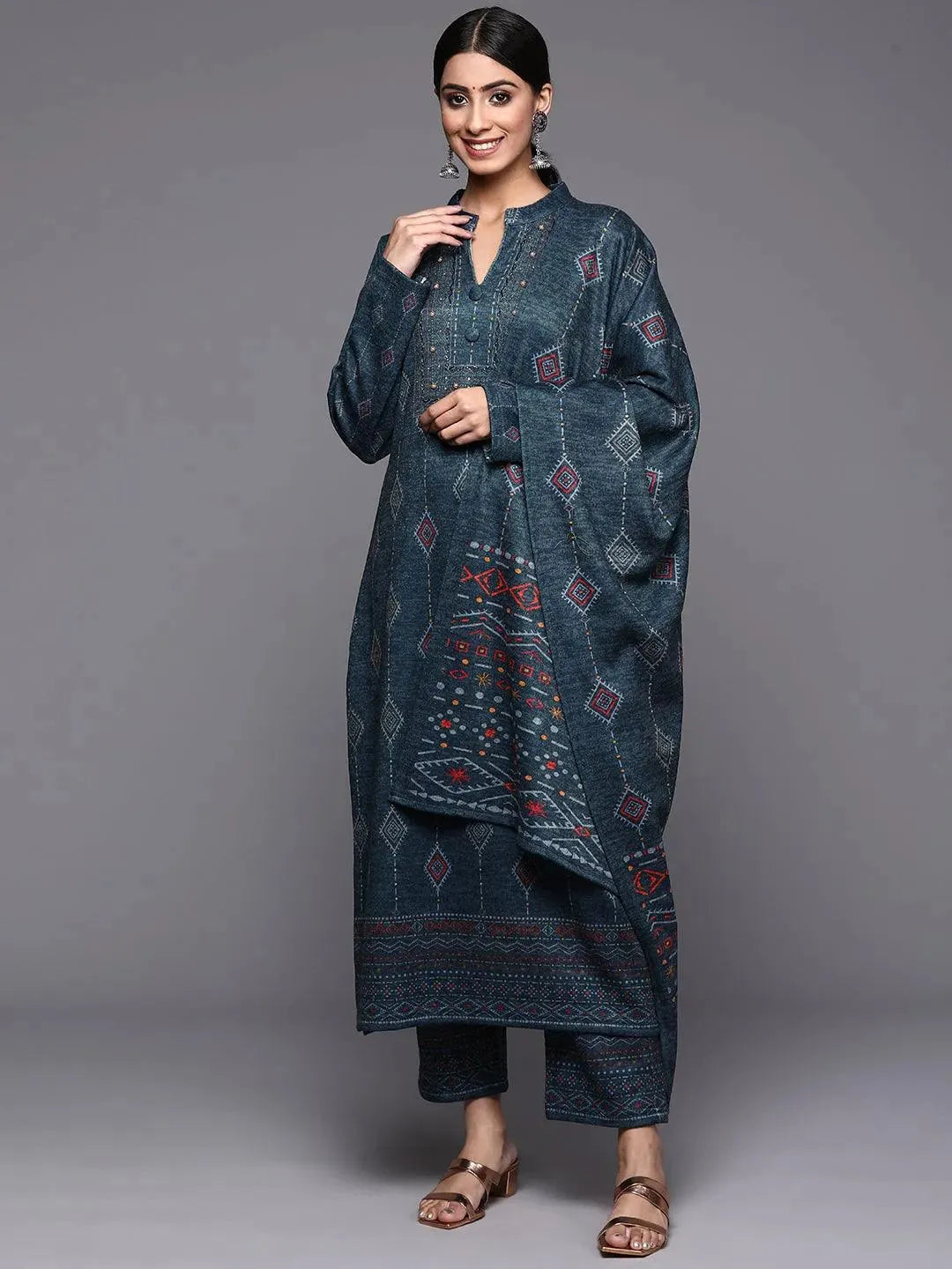 Blue Printed Wool Straight Suit Set - Libas
