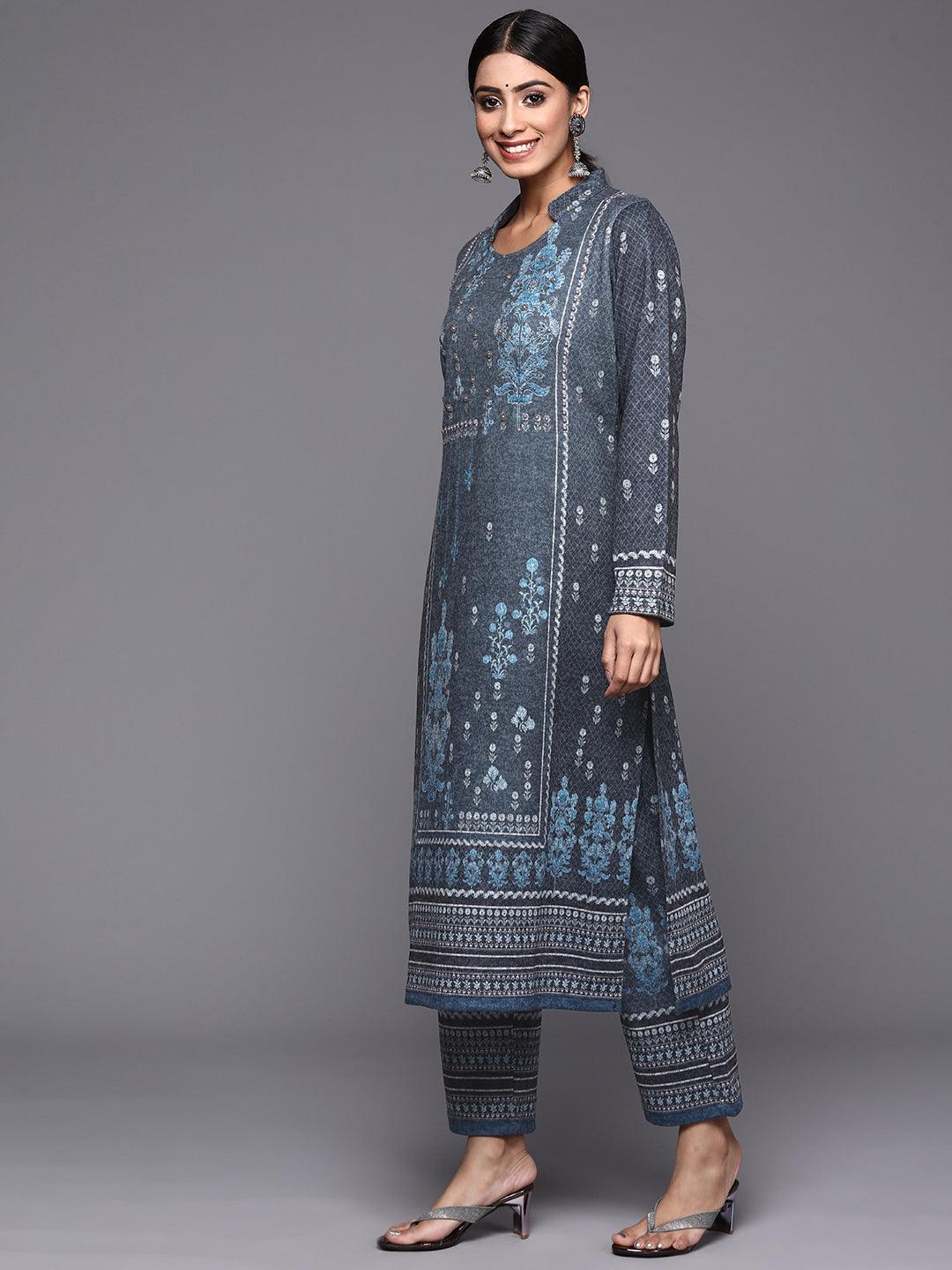Blue Printed Wool Straight Suit Set - Libas