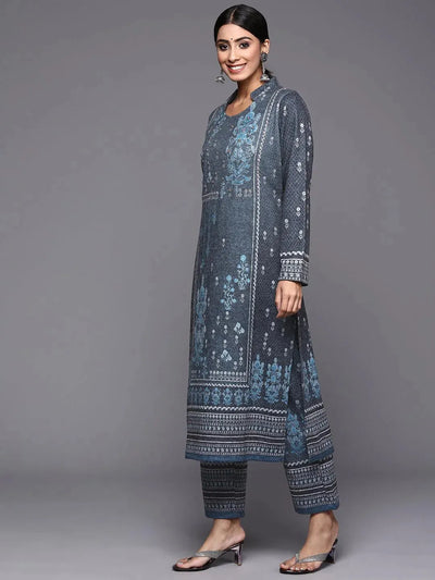 Blue Printed Wool Straight Suit Set - Libas