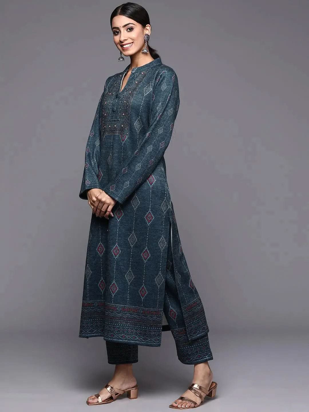 

Blue Printed Wool Straight Kurta With Trousers & Dupatta