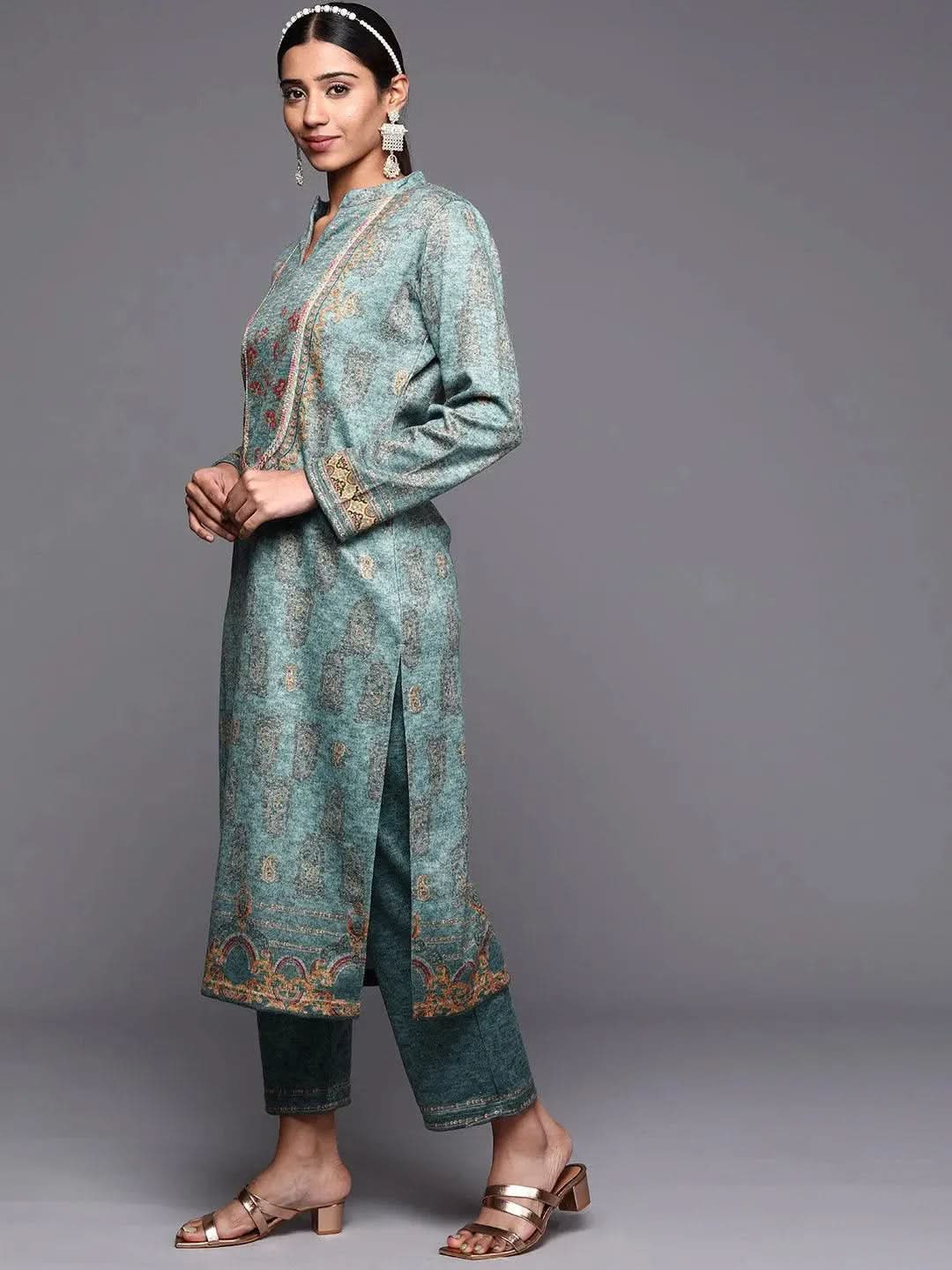 

Blue Printed Wool Straight Kurta With Trousers & Dupatta