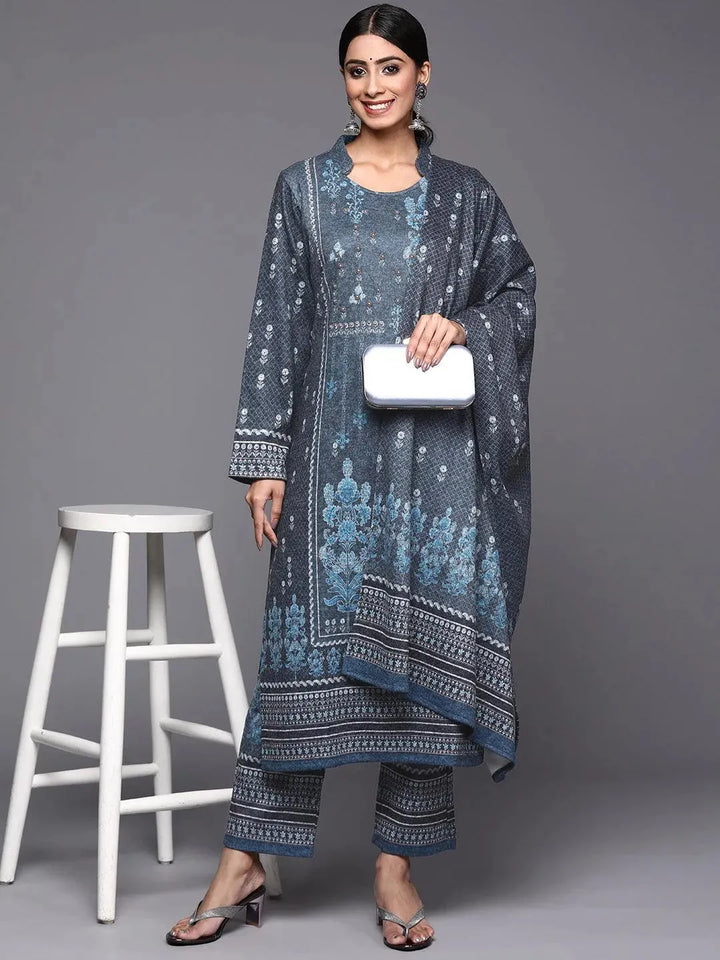 Blue Printed Wool Straight Suit Set - Libas