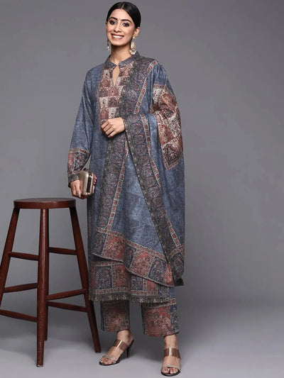 Blue Printed Wool Straight Suit Set - Libas