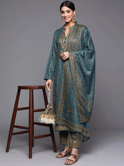 Blue Printed Wool Straight Suit Set - Libas