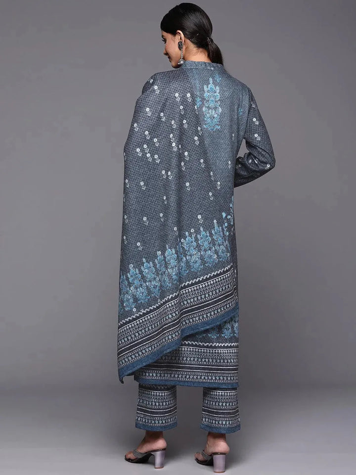 Blue Printed Wool Straight Suit Set - Libas