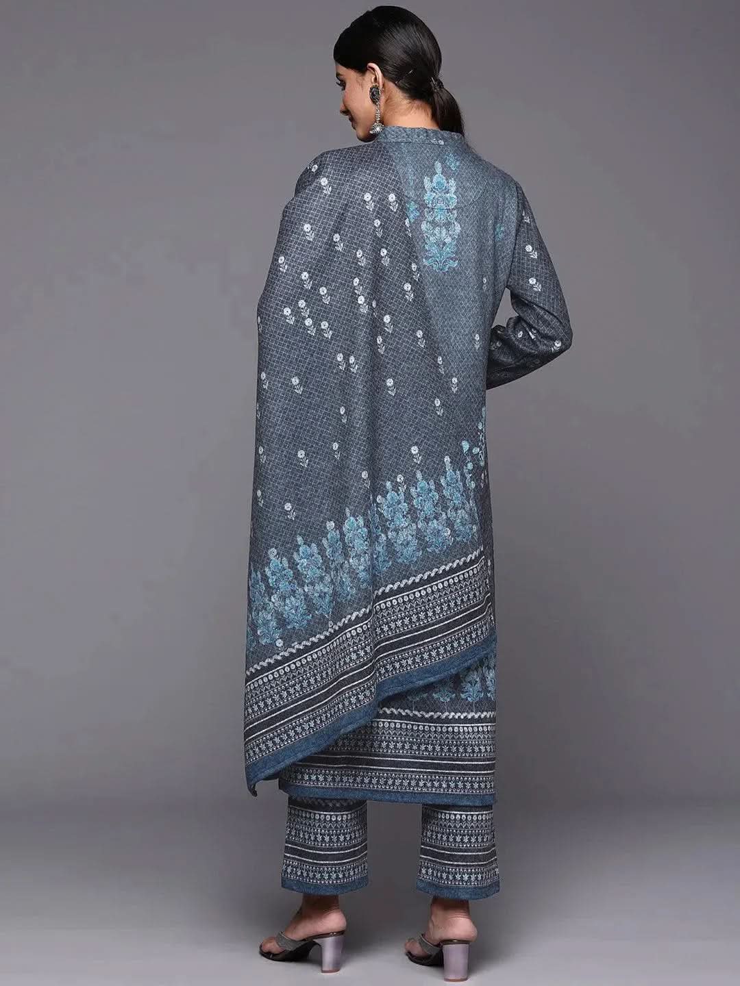 

Blue Printed Wool Straight Kurta With Trousers & Dupatta