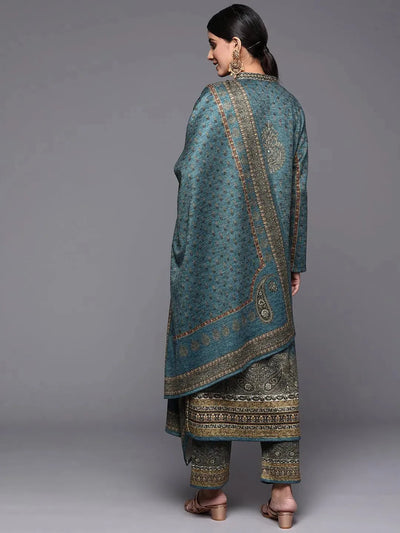 Blue Printed Wool Straight Suit Set - Libas