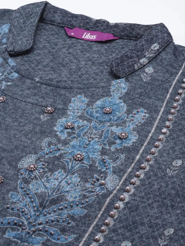 Blue Printed Wool Straight Suit Set - Libas