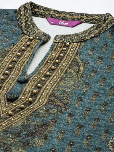 Blue Printed Wool Straight Suit Set - Libas