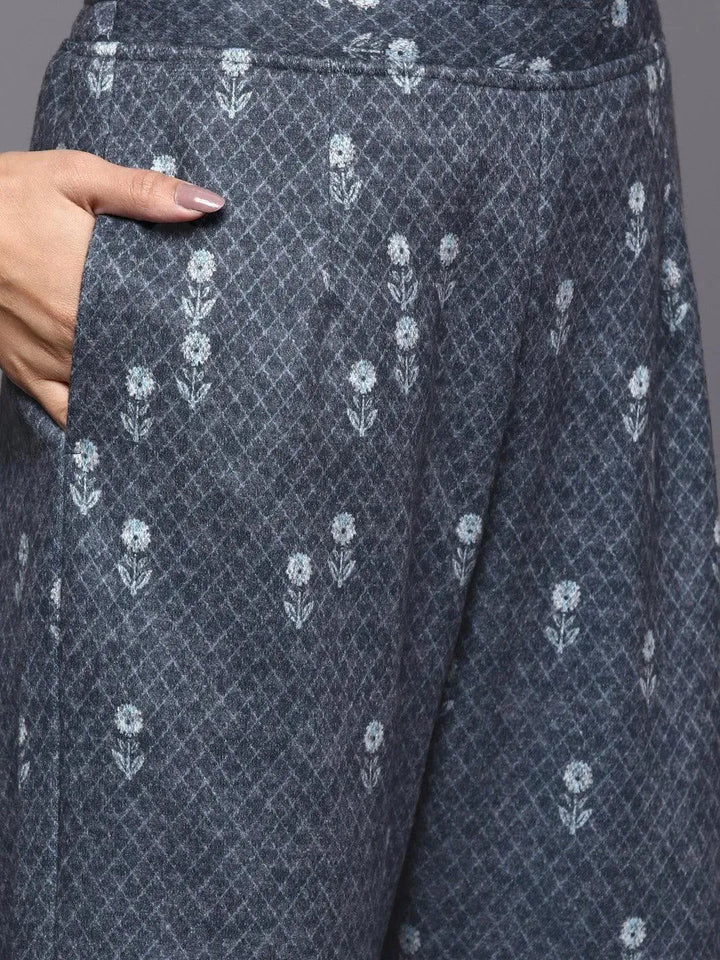 Blue Printed Wool Straight Suit Set - Libas