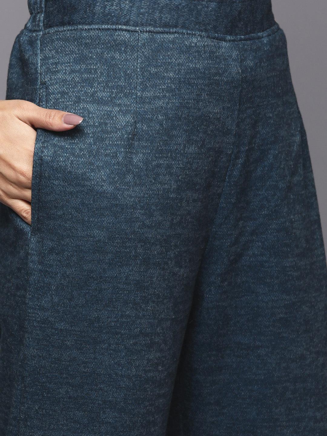 Blue Printed Wool Straight Suit Set - Libas
