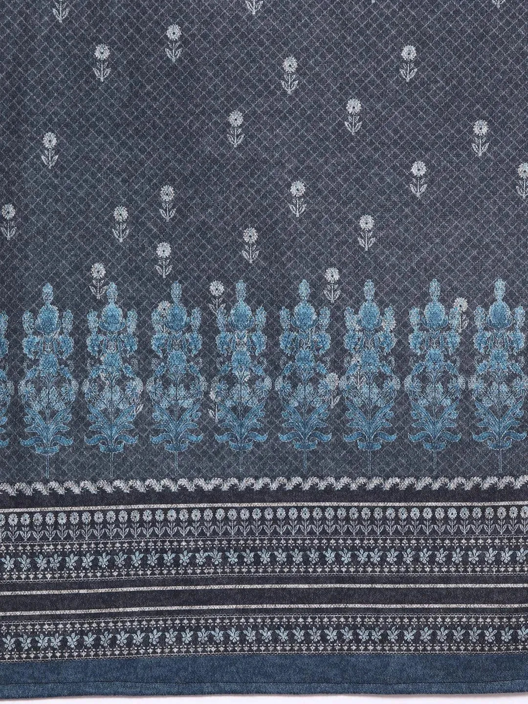 Blue Printed Wool Straight Suit Set - Libas 