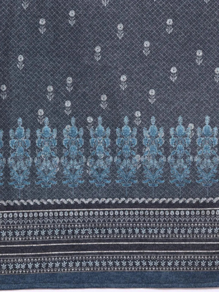 Blue Printed Wool Straight Suit Set - Libas