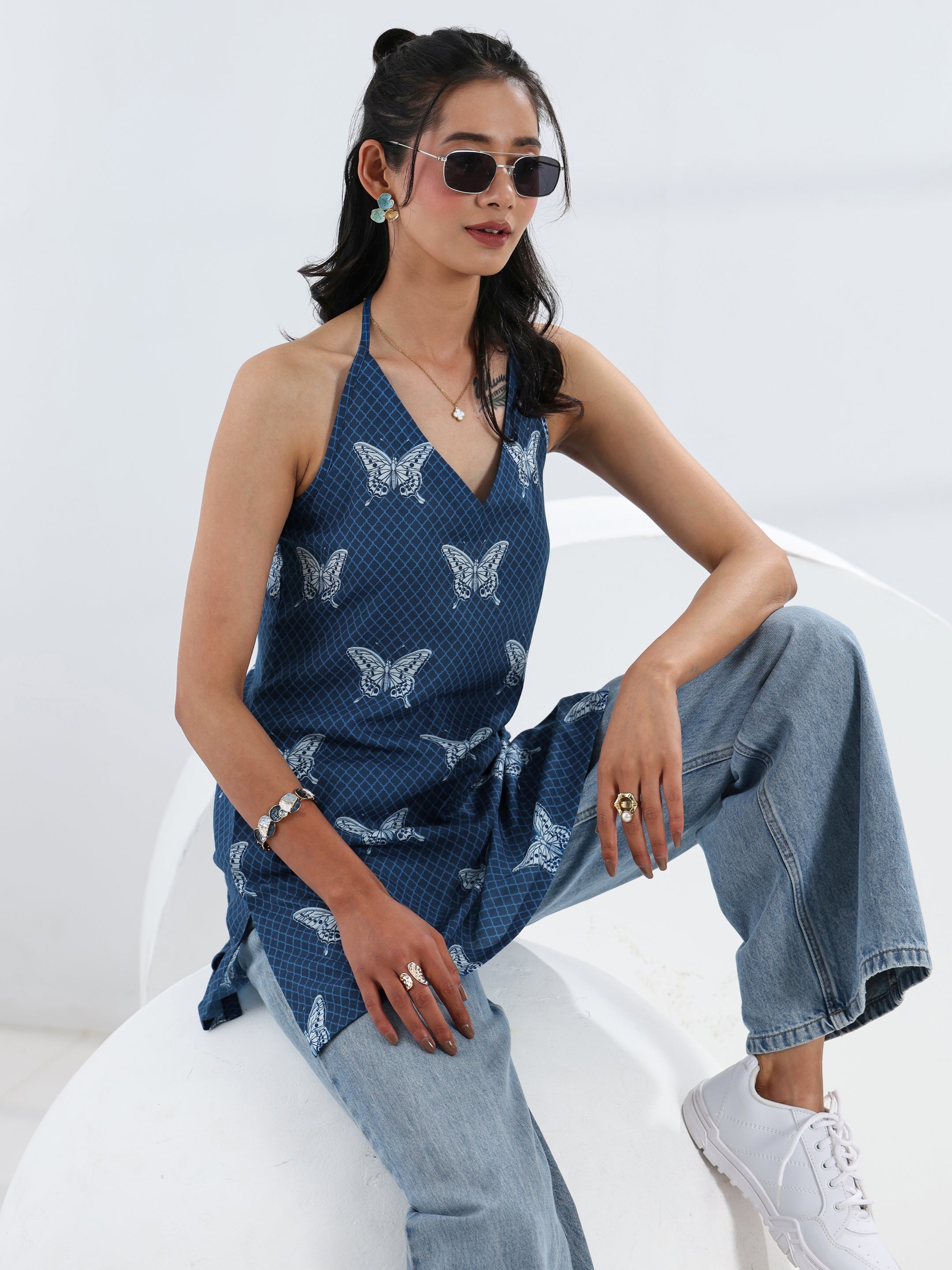 Libas Blue Quirky Printed Cotton Straight Short Kurti-picture-38