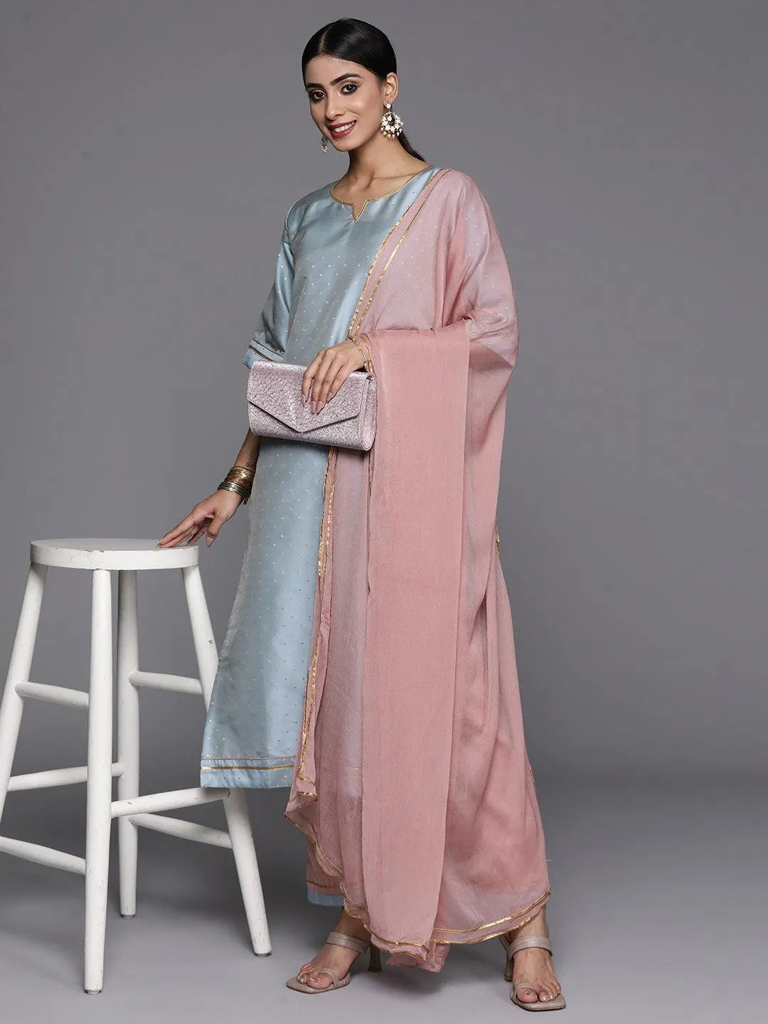 Blue Self Design Art Silk Straight Kurta With Trousers & Dupatta - Libas 