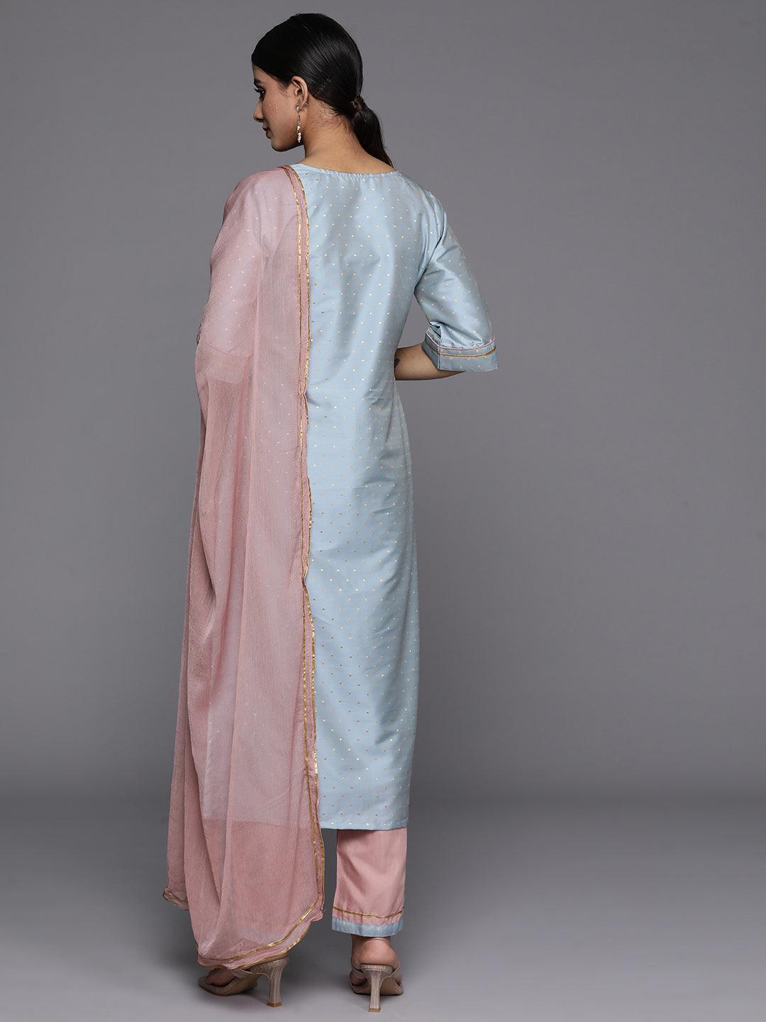 Blue Self Design Art Silk Straight Kurta With Trousers & Dupatta