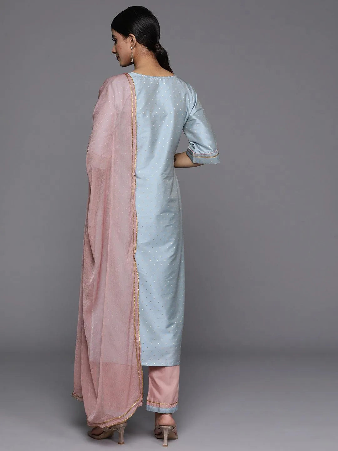 Blue Self Design Art Silk Straight Kurta With Trousers & Dupatta - Libas 