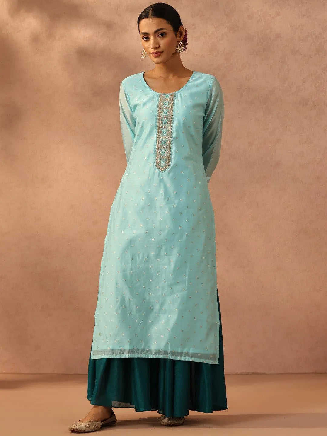 Blue Embellished Chanderi Silk Straight Kurta - Libas