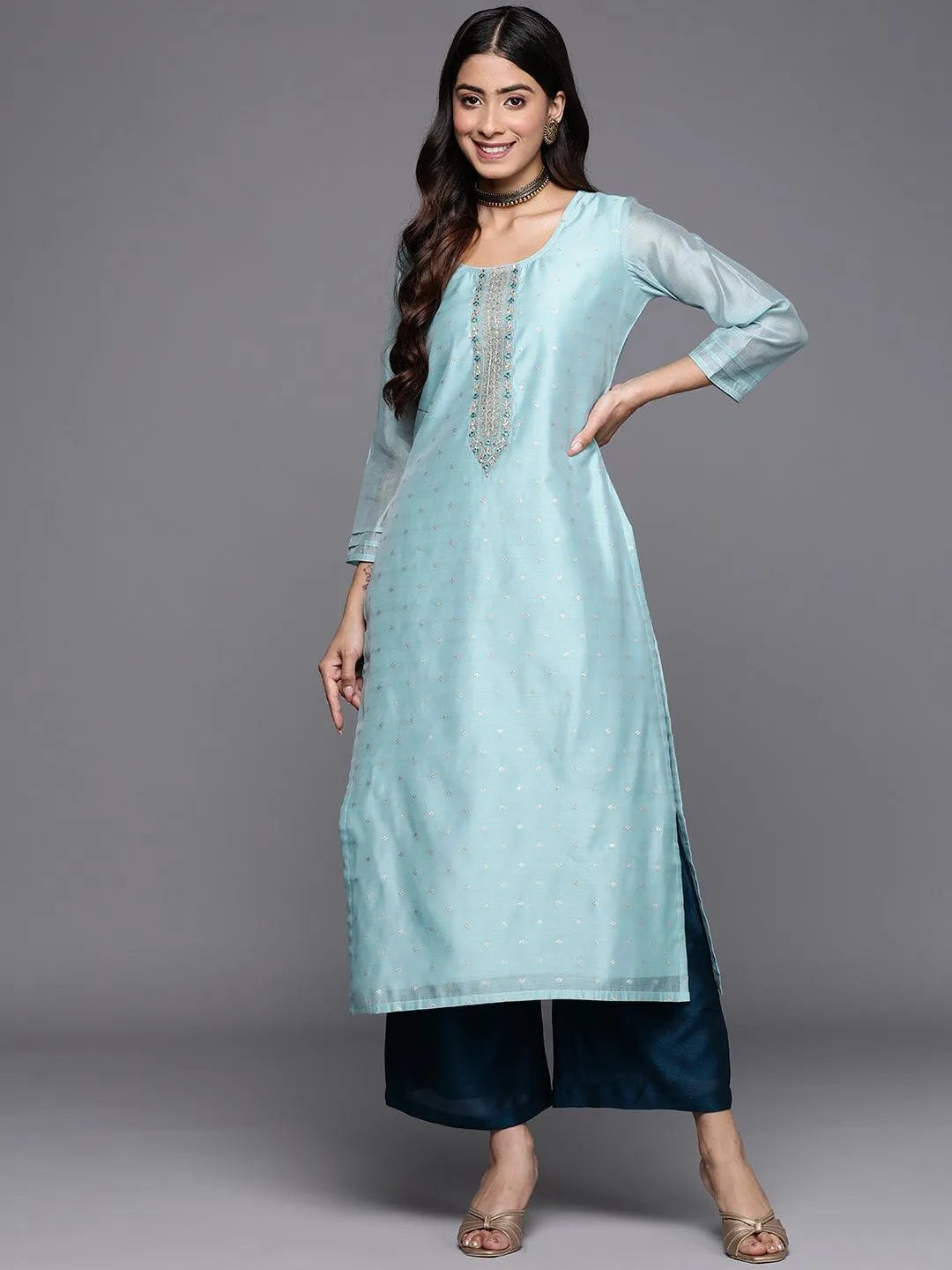 Blue Embellished Chanderi Silk Straight Kurta - Libas