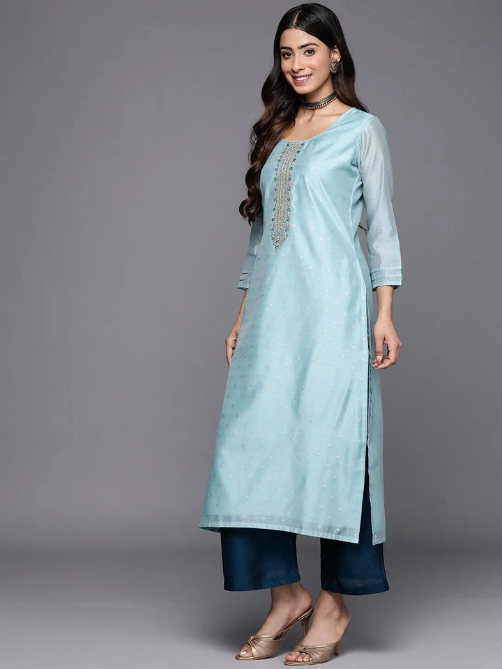 Blue Embellished Chanderi Silk Straight Kurta - Libas