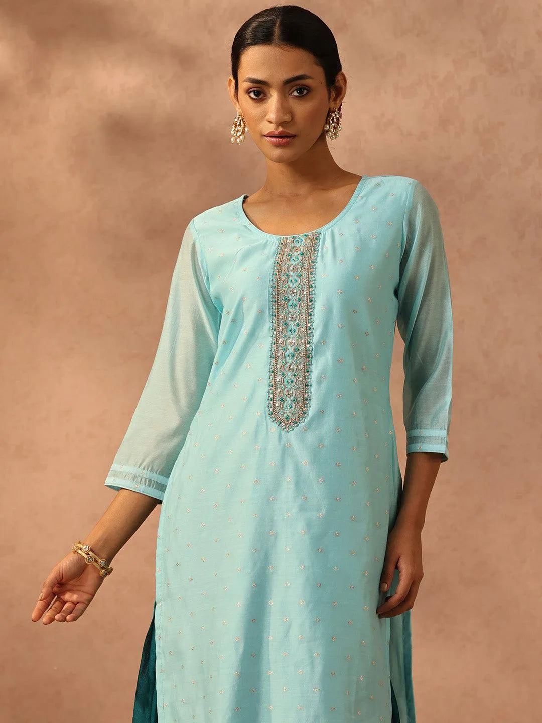 Blue Embellished Chanderi Silk Straight Kurta - Libas 