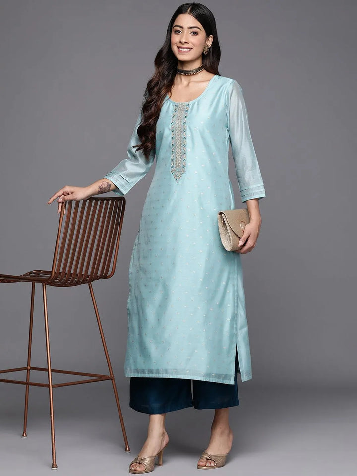 Blue Embellished Chanderi Silk Straight Kurta - Libas