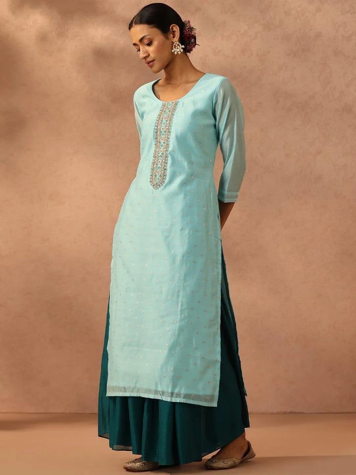 Blue Embellished Chanderi Silk Straight Kurta - Libas