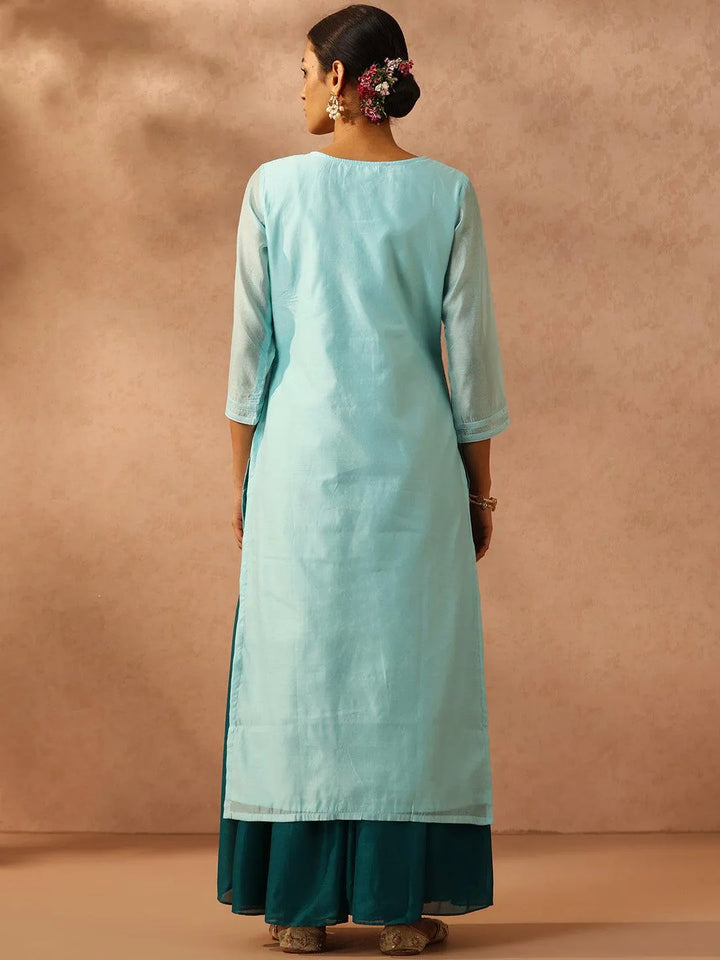 Blue Embellished Chanderi Silk Straight Kurta - Libas