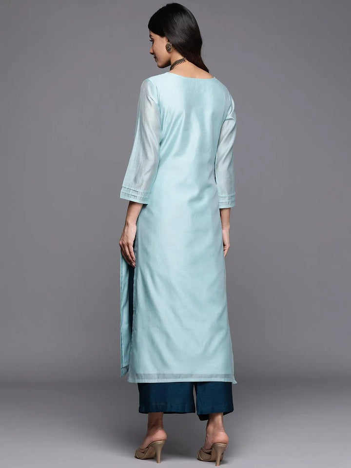 Blue Embellished Chanderi Silk Straight Kurta - Libas