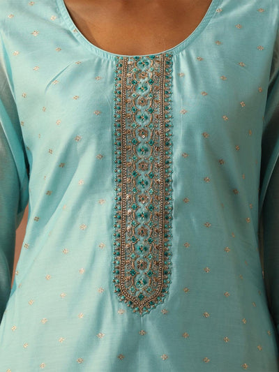 Blue Embellished Chanderi Silk Straight Kurta - Libas