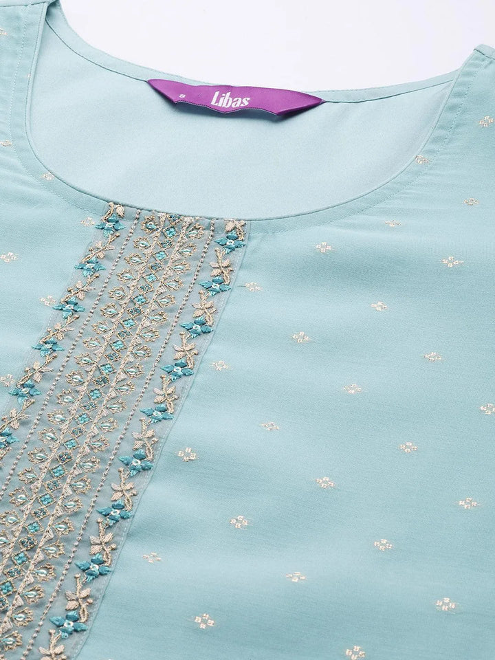 Blue Embellished Chanderi Silk Straight Kurta - Libas
