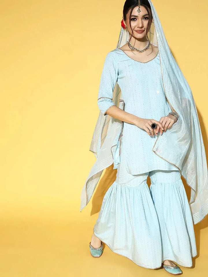 Blue Self Design Chanderi Silk Suit Set - Libas