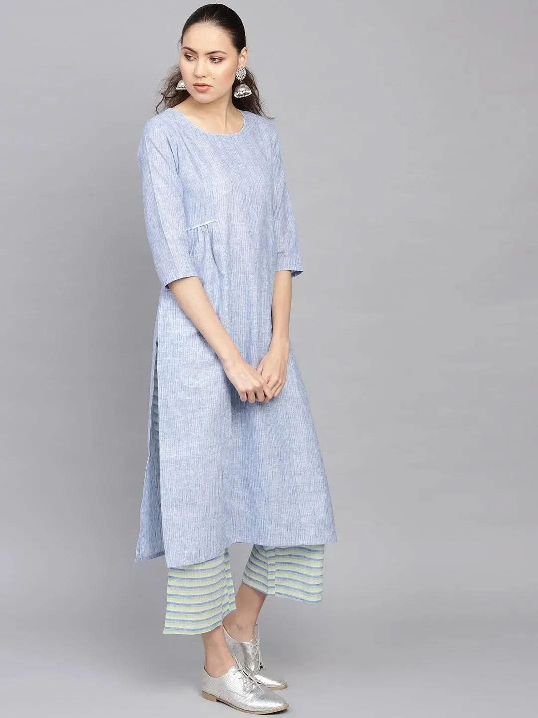 

Blue Self Design Cotton A-Line Kurta With Palazzos