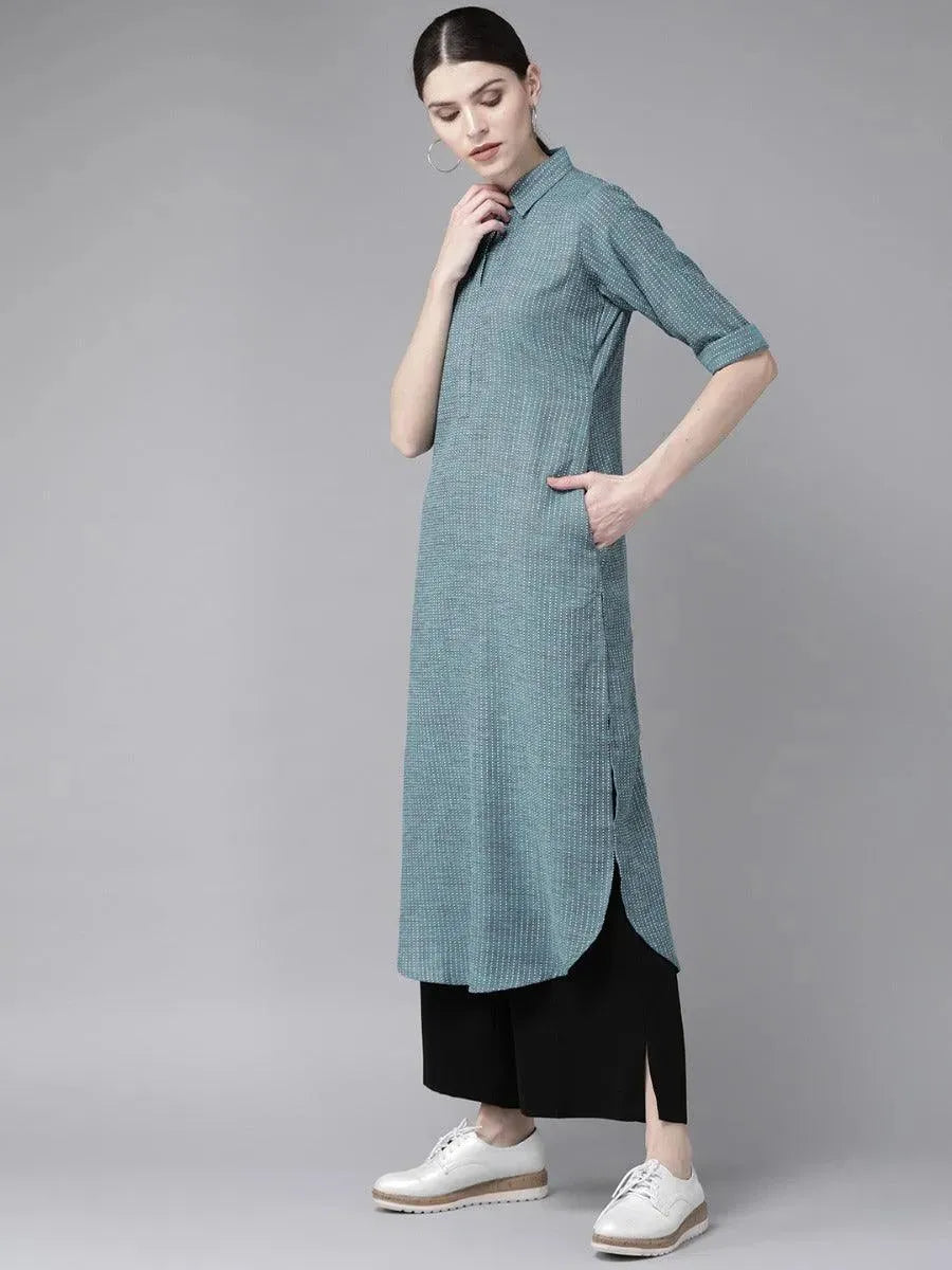 Blue Self Design Cotton Kurta - Libas