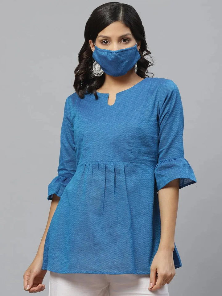 Blue Self Design Cotton Kurti With Mask - Libas