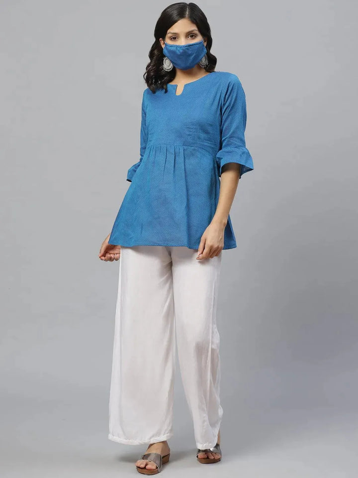 Blue Self Design Cotton Kurti With Mask - Libas