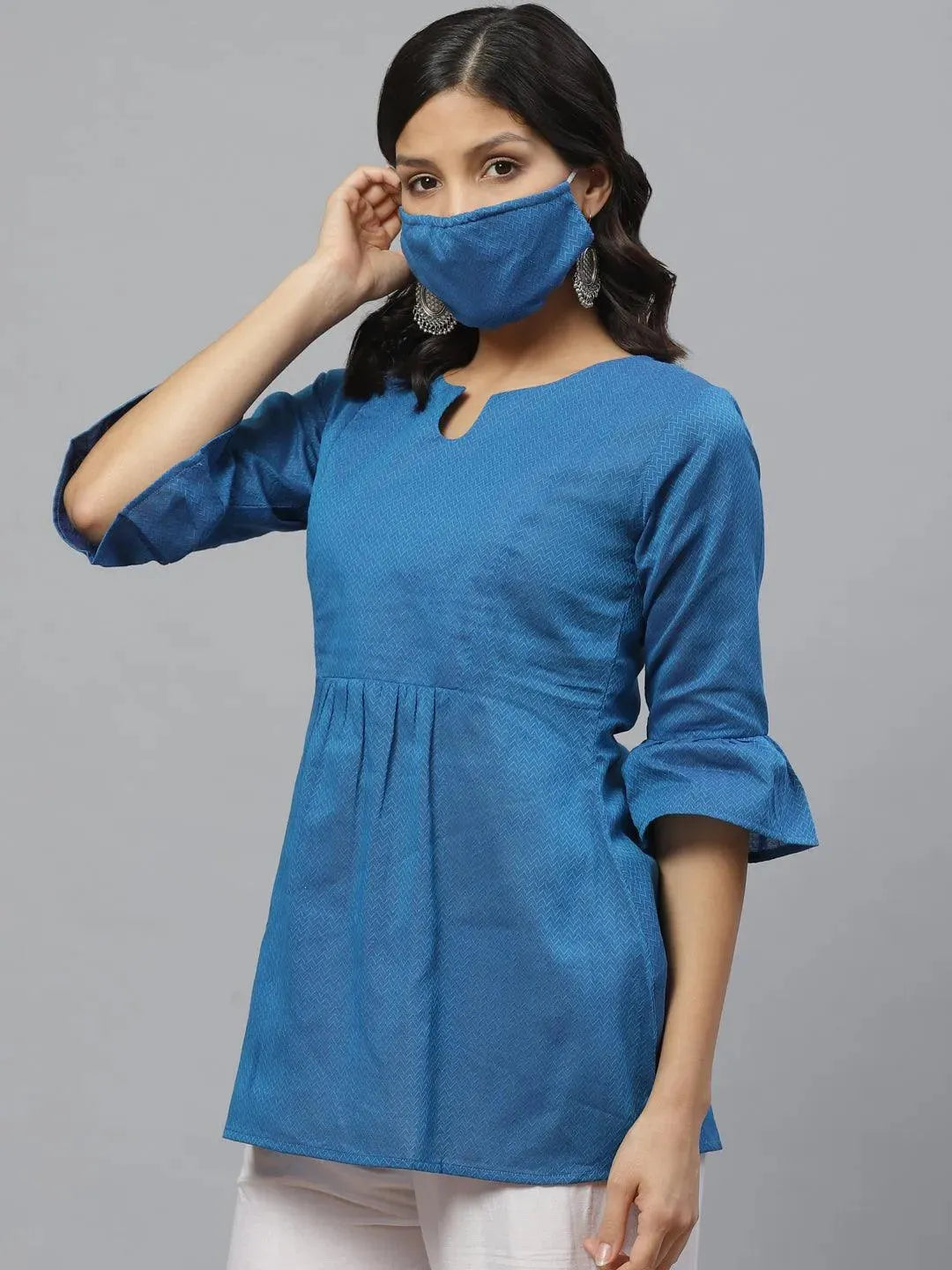 Blue Self Design Cotton Kurti With Mask - Libas 