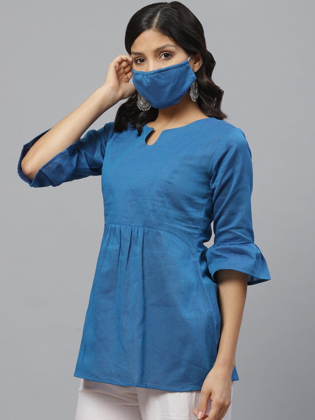 Blue Self Design Cotton Kurti With Mask - Libas