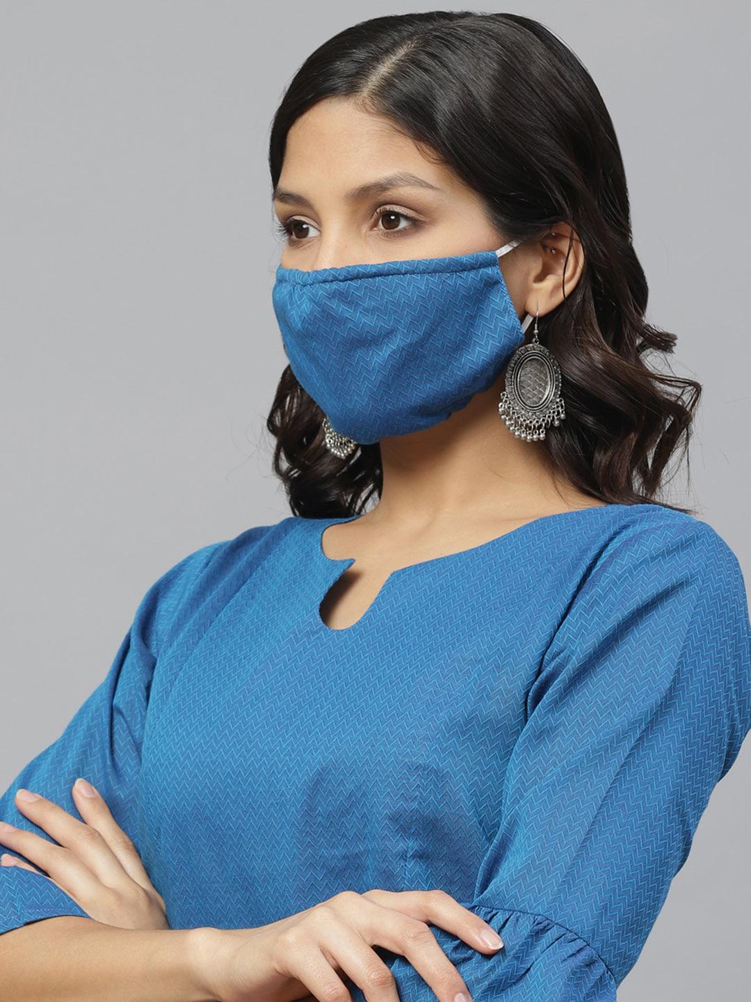 Blue Self Design Cotton Kurti With Mask - Libas