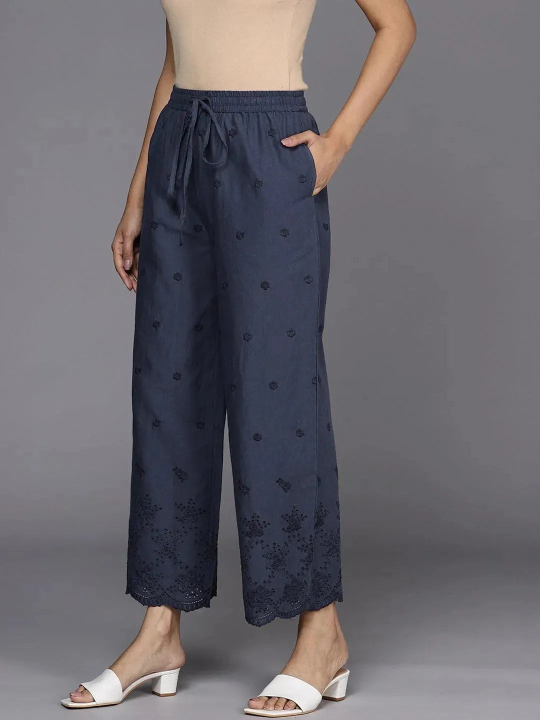 Blue Self Design Cotton Palazzos - Libas 