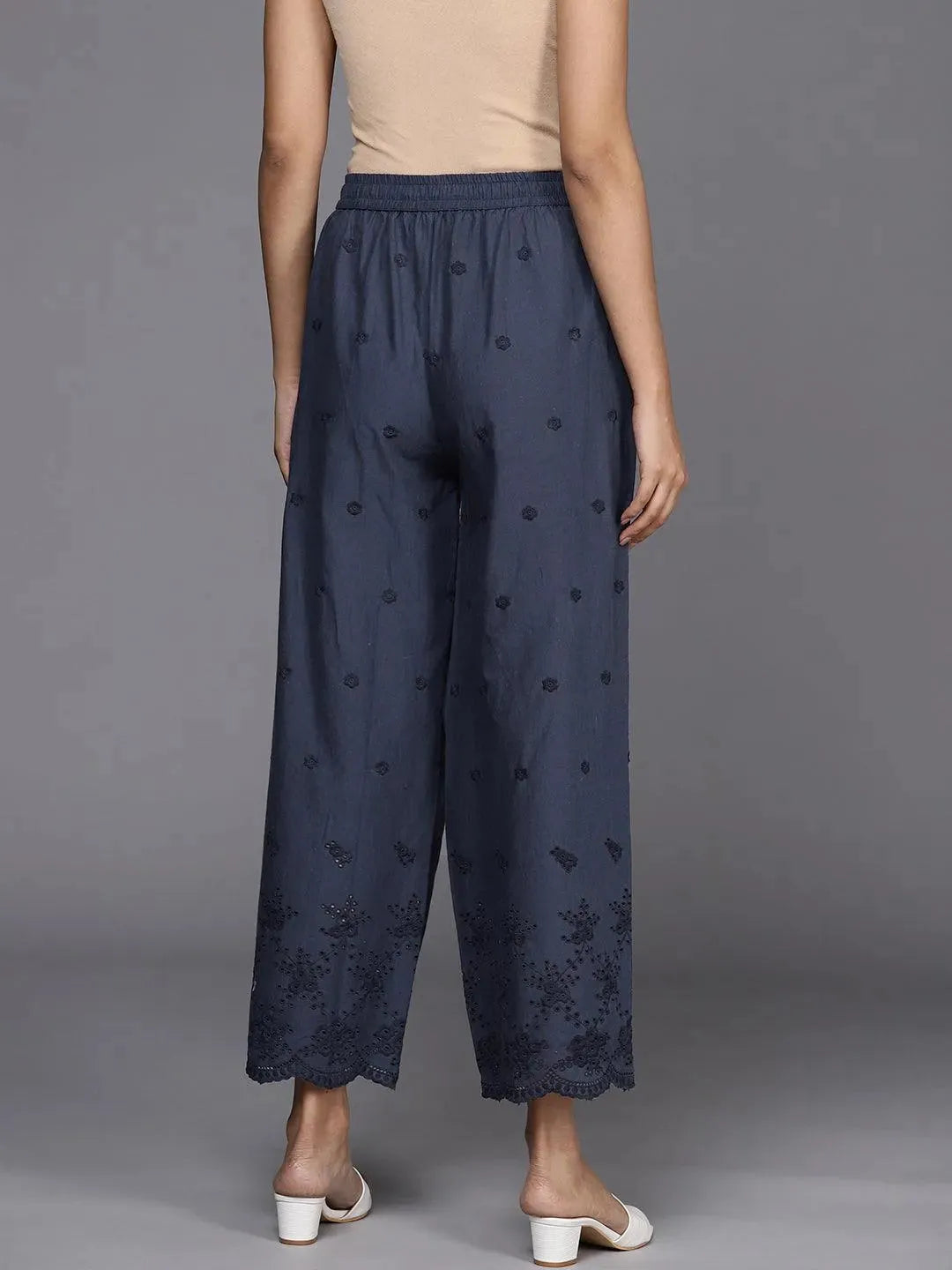 Blue Self Design Cotton Palazzos - Libas 