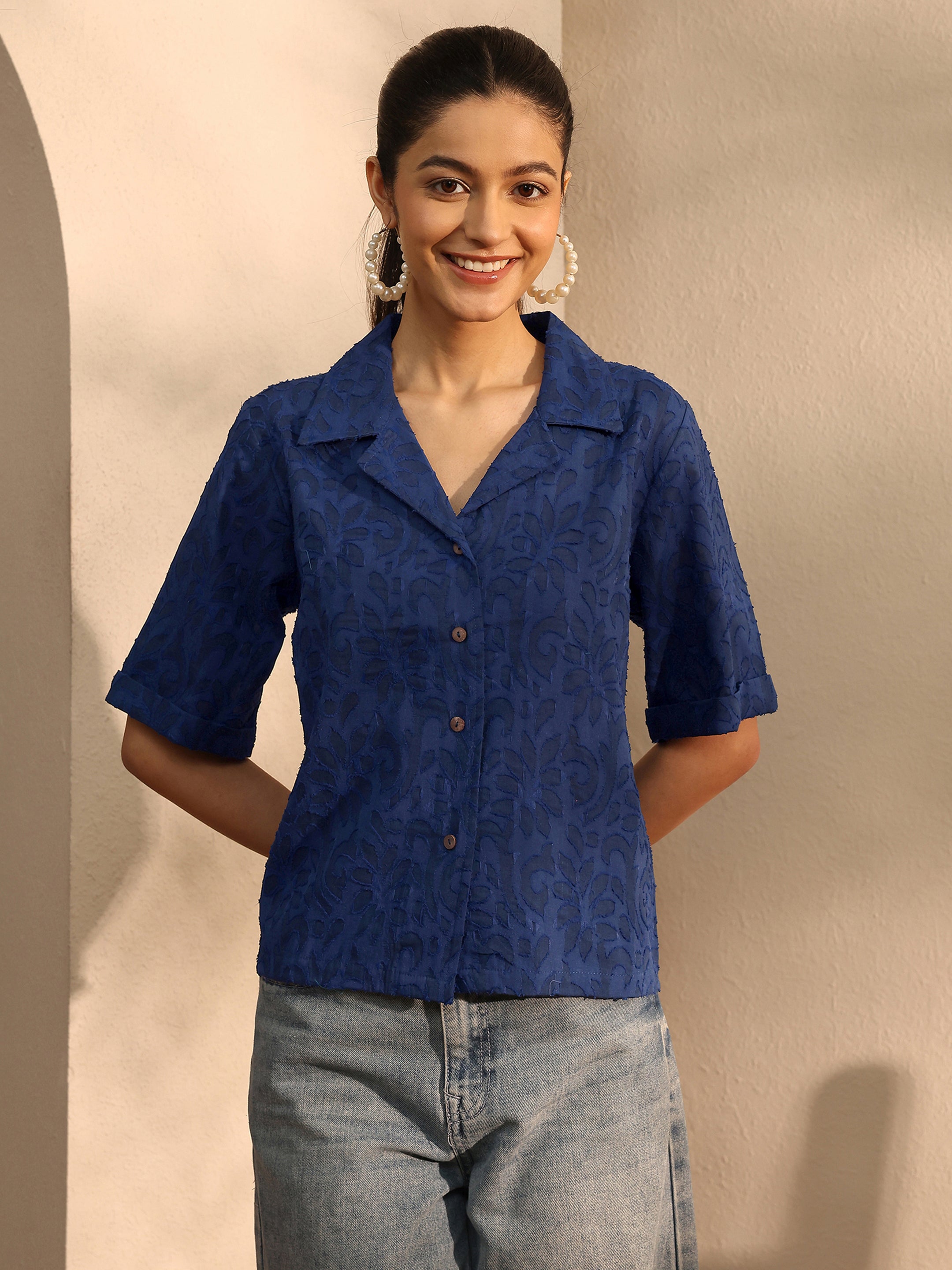 Blue Self Design Cotton Straight Shirt-image-10