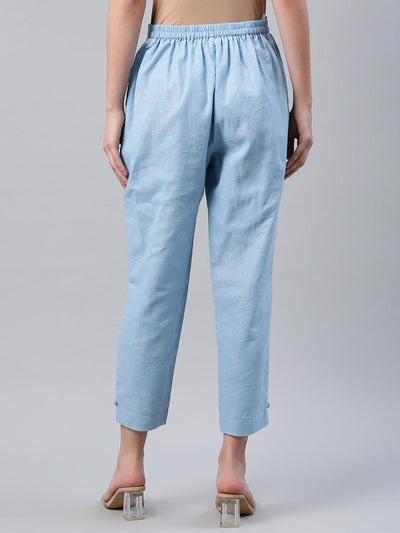 Blue Self Design Cotton Trousers - Libas