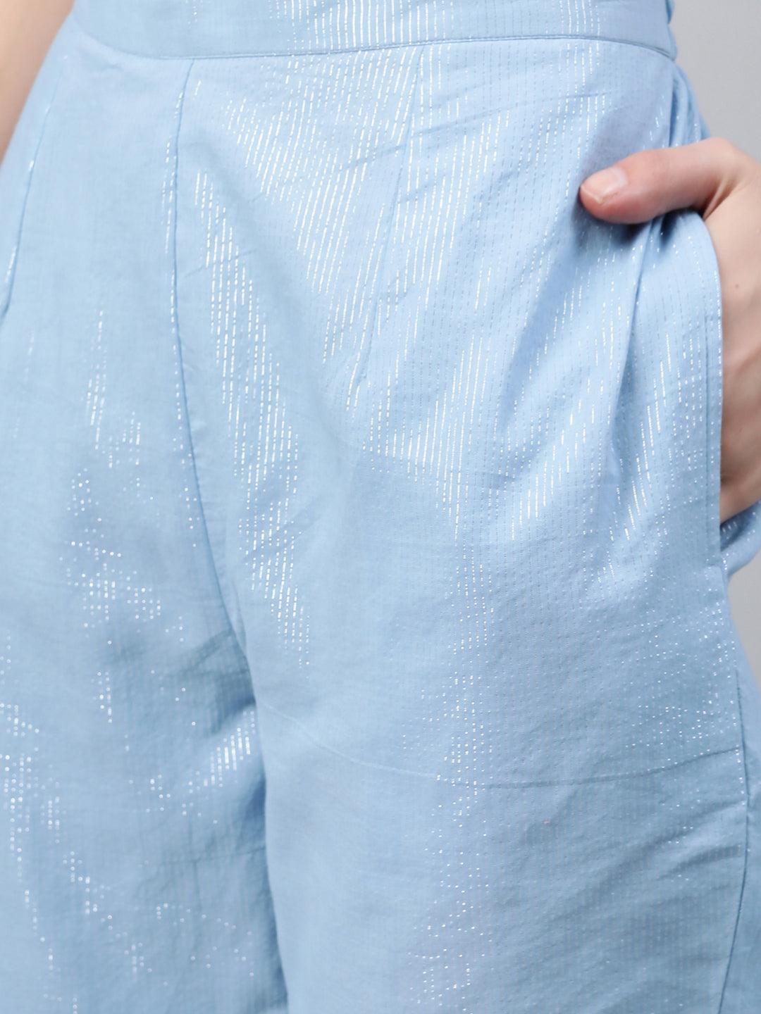 Blue Self Design Cotton Trousers - Libas