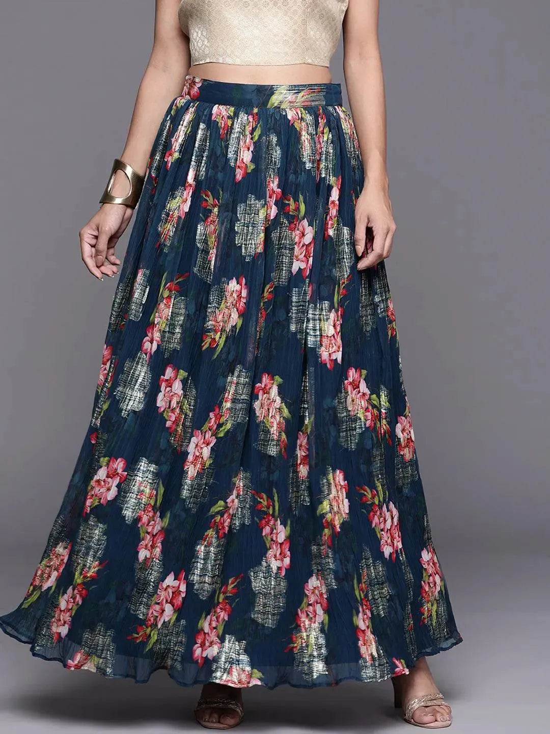 Blue Self Design Organza Skirt - Libas