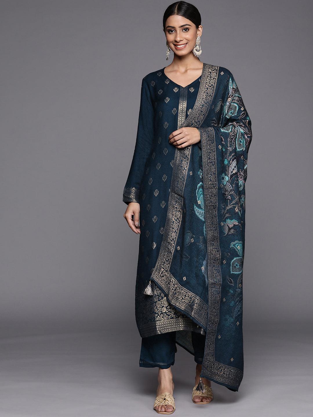 Blue Self Design Pashmina Wool Straight Suit Set - Libas