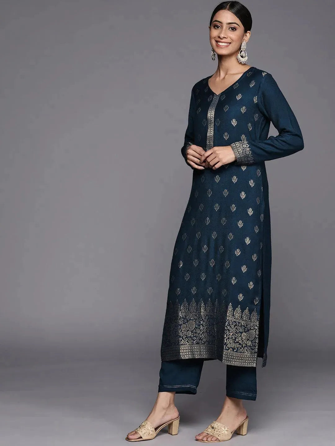 Blue Self Design Pashmina Wool Straight Suit Set - Libas 